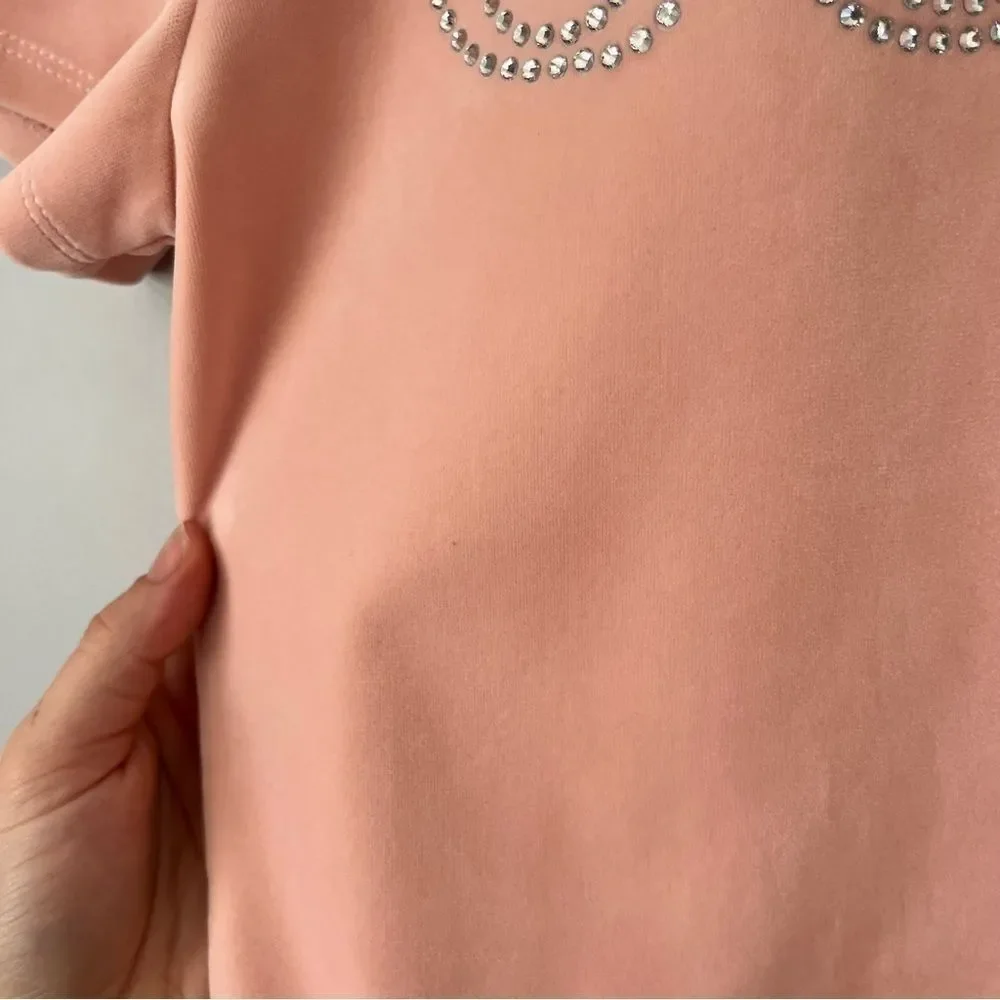 Guess Rhinestone Front Logo Powder Pink Velour Cropped Short Sleeve Shirt Size S